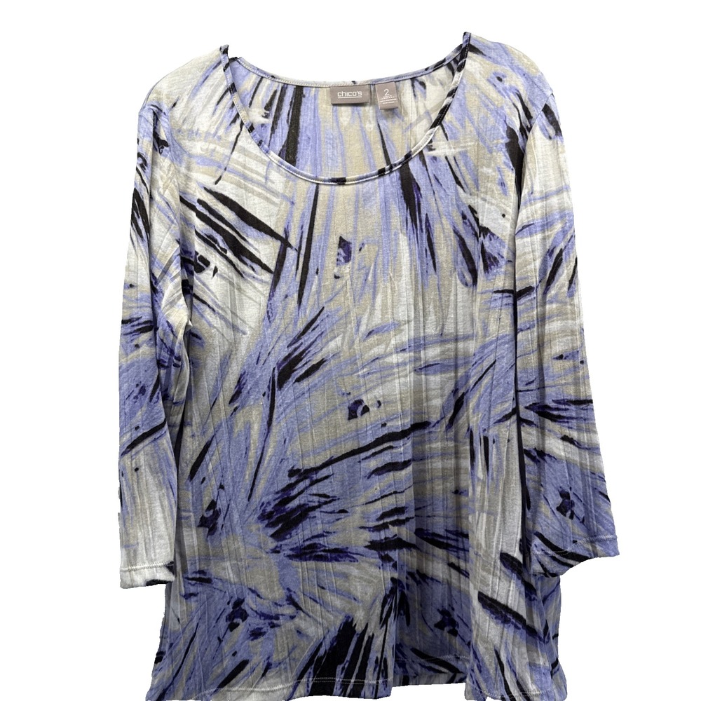 Chicos Womens Top Size Large Blue Black White Artsy 3/4 Sleeves Pullover Stretch